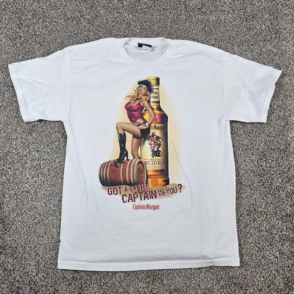 Captain Morgan Shirt Mens Large White Pirate Girl Pinup Rum Barrel Y2K Official